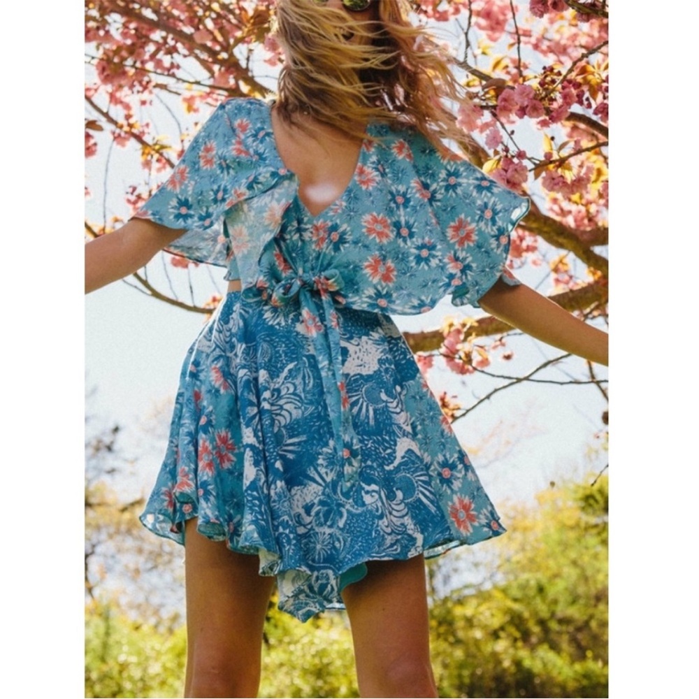 Free People Dark Star Floral Cutout Mini Dress, Blue - Size S